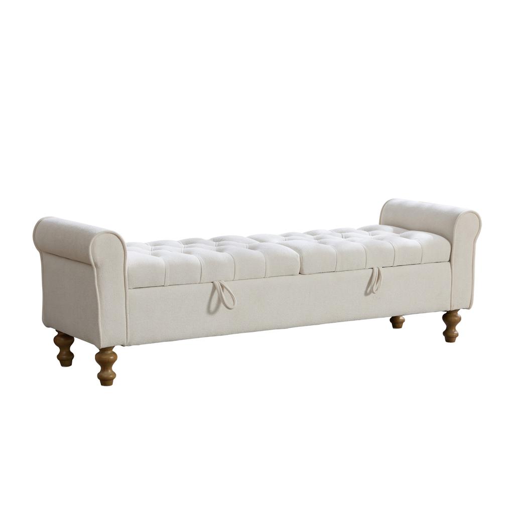 Modern Bench with 2 Lids, Velour Footstool with Rolled Armrests, As Daybed, Rubberwood Legs, for Living Room, Hallway, Bedroom, Color: Beige