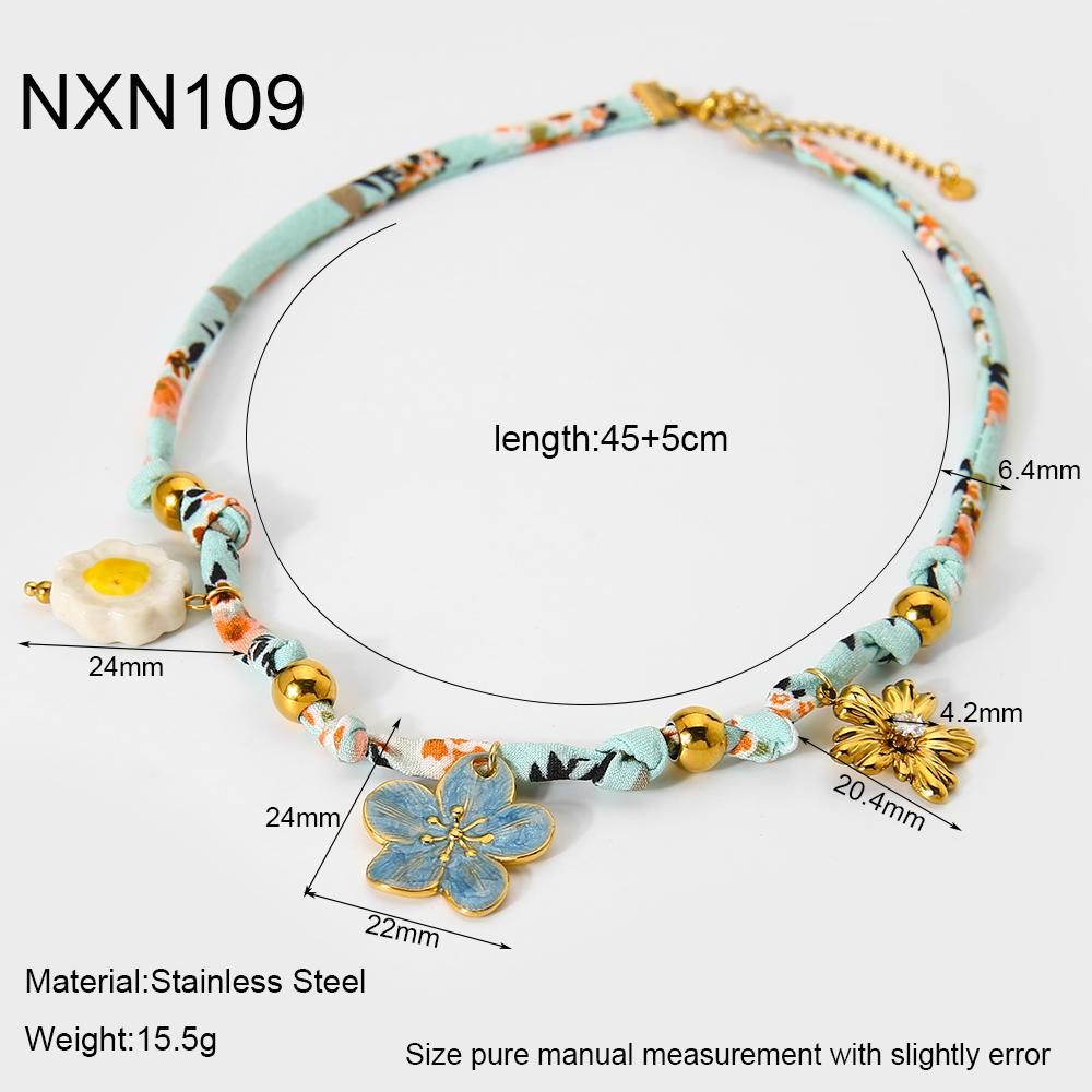 

Bohemian Floral Pendant Necklace Stainless Steel Flower Charm with Scarf Ribbon Luxury Minimalist Statement Jewelry for Women