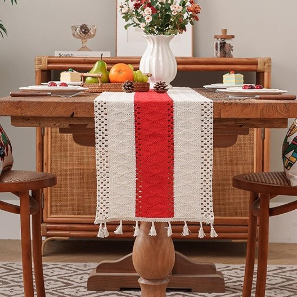 Soft Bohemian Table Flag Splicing Macrame Table Mat Knitted Hollow-out Table Runner  Dining Table