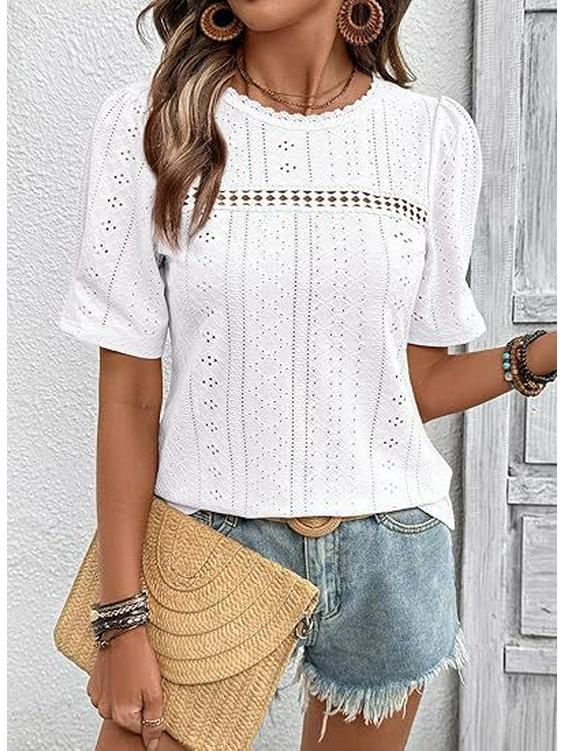 2026 Women's Summer Lace Top: Round Neck, Short Sleeve, Fashionable Hollow Design