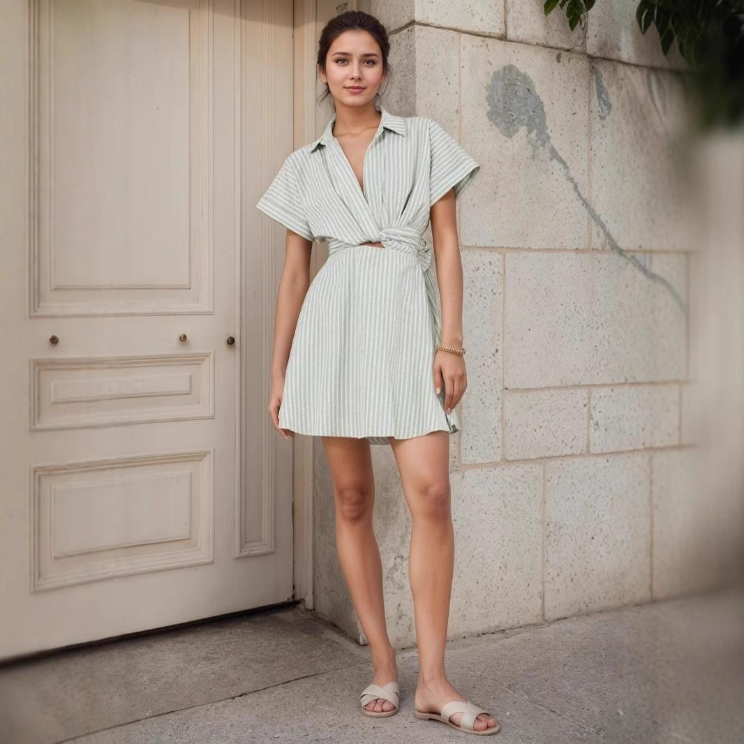 Women s Summer Vacation Stripe Mini Shirt Dress Lapel Collar Short Sleeve Twist Cut Out Tie Waist Casual Beach Dress S зелёный