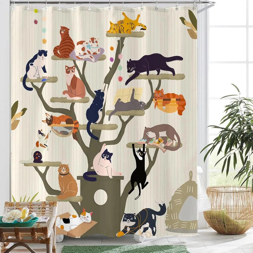 Funny Cartoon Cat Tree Printed Shower Curtain Cute Boho Anime Kittens For Bathroom Decor
