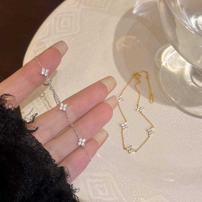 S925 Sterling Silver Sparkly Four-Leaf Clover Bracelet - Women's Elegant Fairy Fashion Jewelry Gift