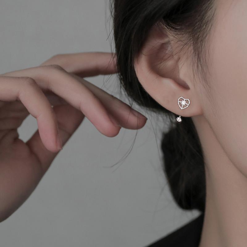 S925 Plated Silver Earrings Eight Star Screw Ear Nails Exquisite Heart-shaped Ear Hook Hollow-out Rice Word Love Zircon Earrings Female