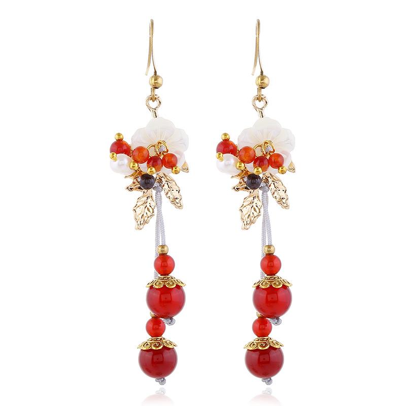 Original Retro Agate Shell Earrings Handmade Fringed Long Femininity Court Earrings Antique Earrings