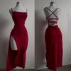 Sexy Figure-hugging Sleeveless Halter-neck Back-tie Open-back Slit Dress