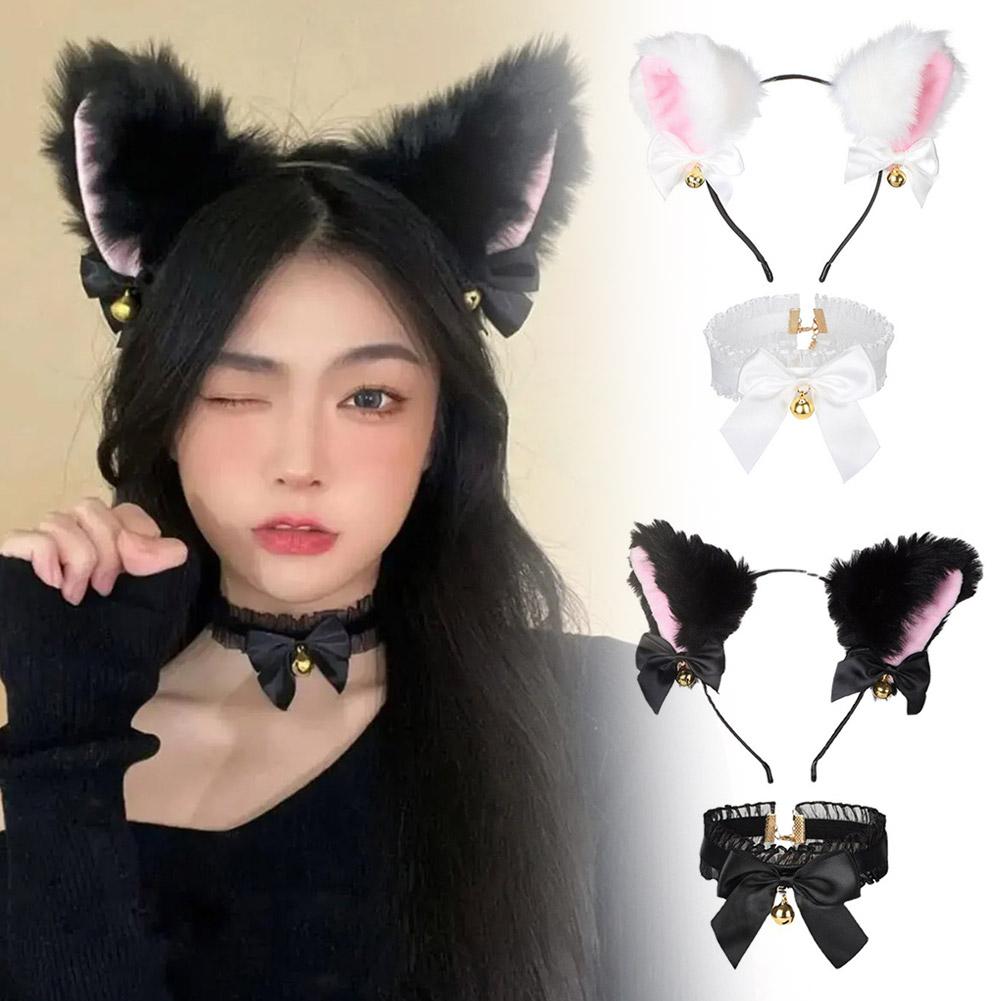 Sexy Cat Ears Headband Lace Bow Choker Plush Bell Hairband Cosplay Masquerade-Party Costume Hair Accessories For Women Girl C5F0