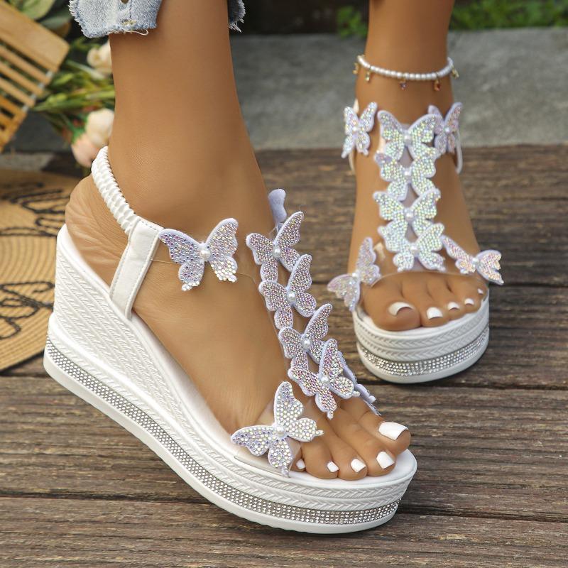 Summer new large size women's wedge heel sandals bow decorative foot cover rhinestone sole high heel sandals