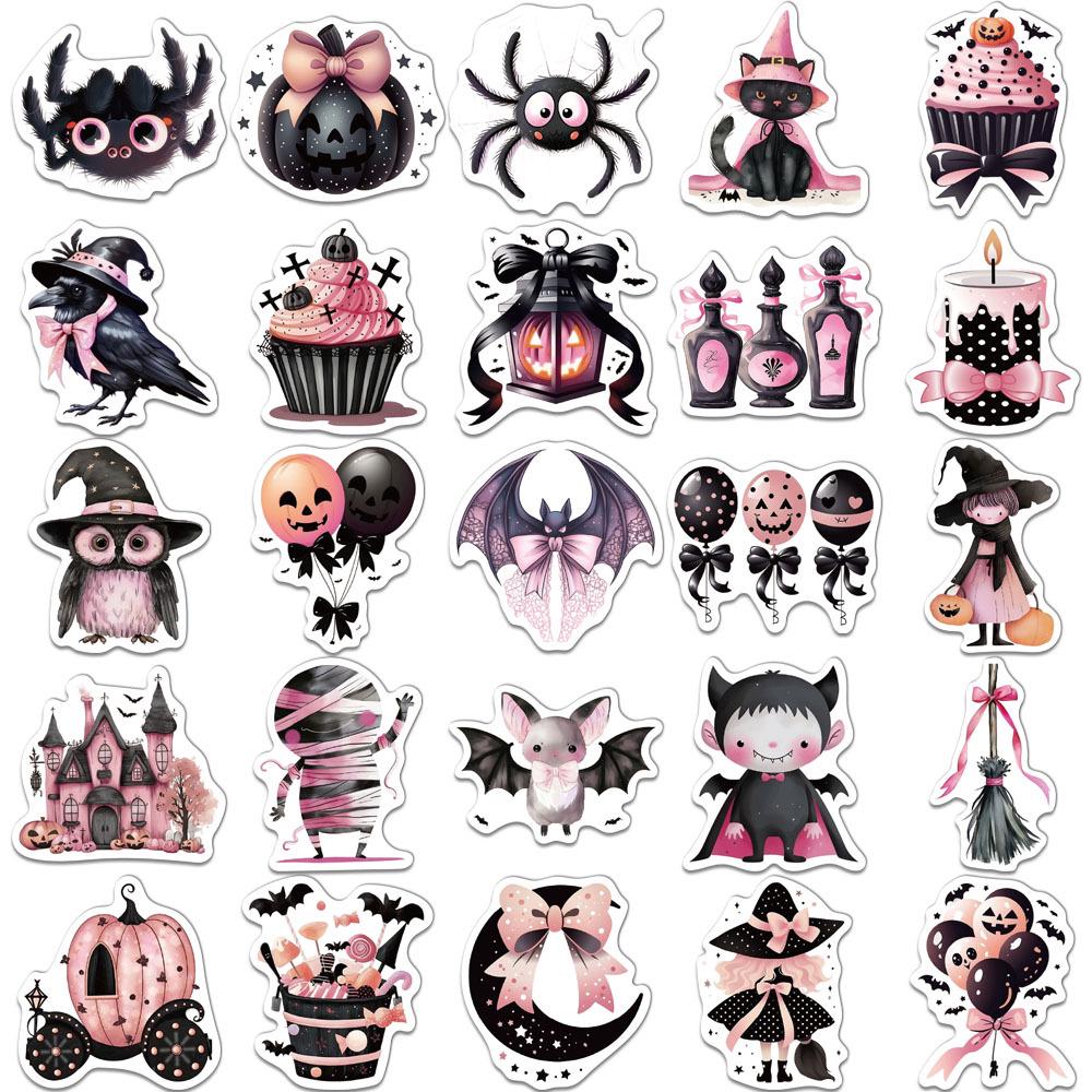 50 Cute Black and Pink Halloween Cartoon Stickers for DIY Decor: Phone Cases, Water Bottles, Notebooks (50 Sheets)