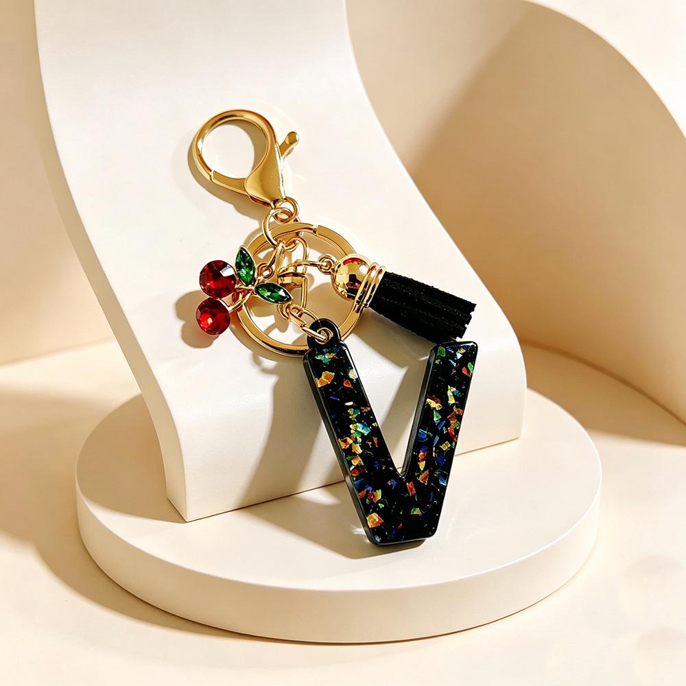 Trendy Resin Letter Keychain with Rhinestone Cherry Tassel Pendant
