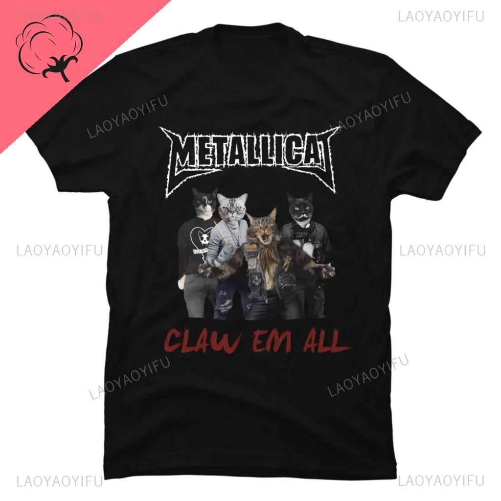 Funny Cat Meowtallica Cat Rock Music Print T-Shirts Rock Music Men Tops Fashion Oversized Tee Comfortable Unsiex Couple Wears