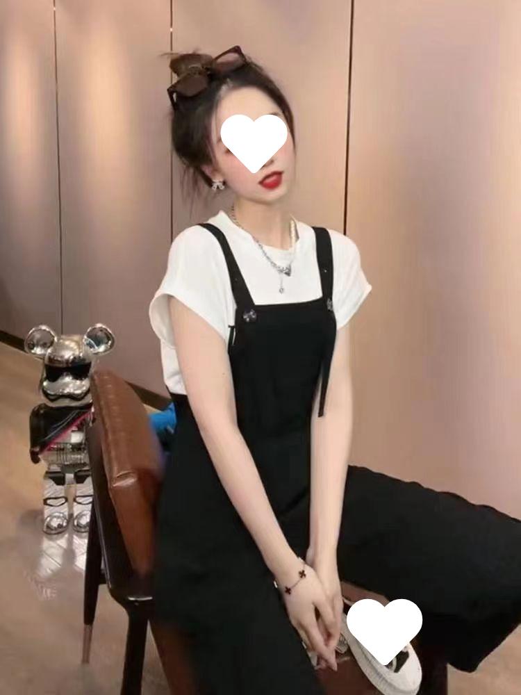 Trendy Black Straight-Leg Draping Suspender Pants for Women - Slimming, Versatile, Casual Summer Style