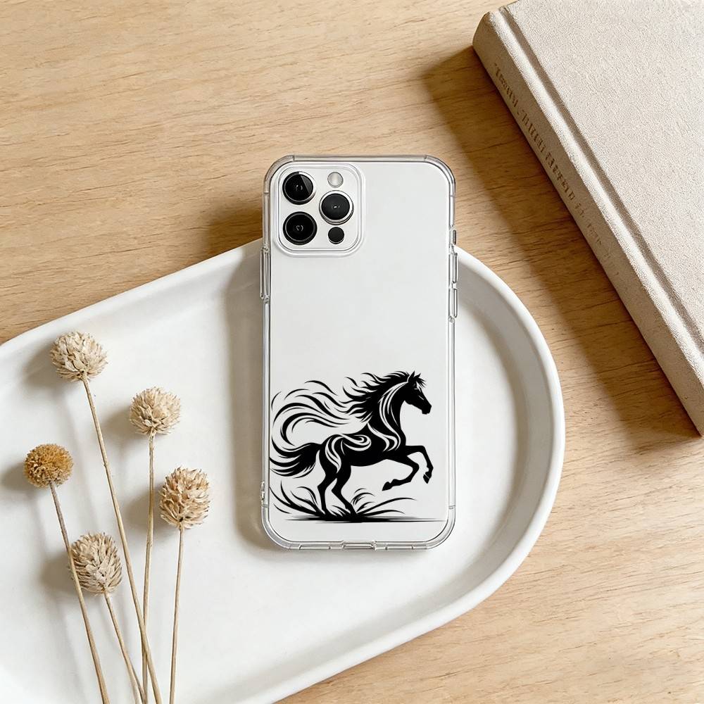 Running Black Horse Pattern Phone Case For iPhone 17 16 15 14 13 12 11 Mini Pro Max Plus Transparent Cover