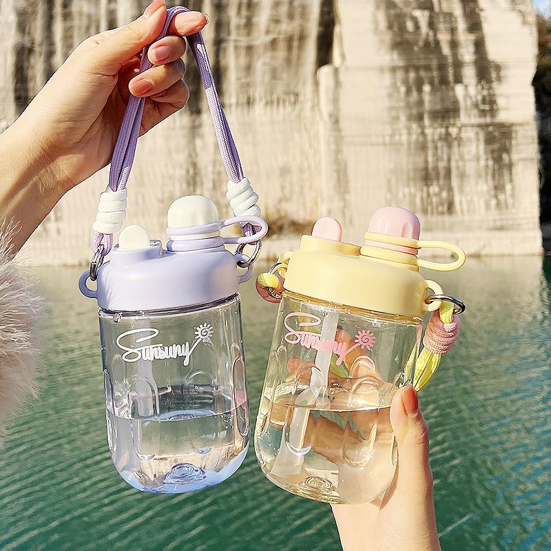 Water bottle new Korean version large capacity plastic cup double drink straw cup cute accompanying water cup girl
