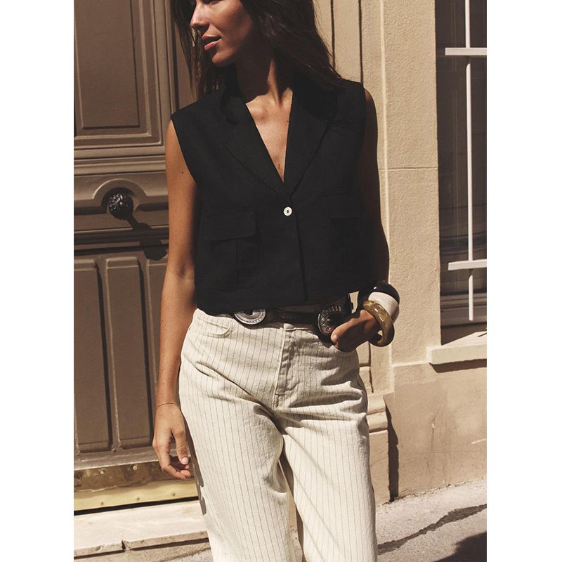 Summer Lapels Vest Style Tops 2373709 Linen Blend Straight-leg High Waist Casual Trousers 9929041