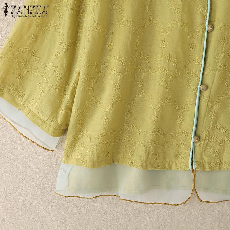 ZANZEA Vintage Damen Kurzarm Knopfleiste Patchwork Ethnische Stickerei Lässige Bluse