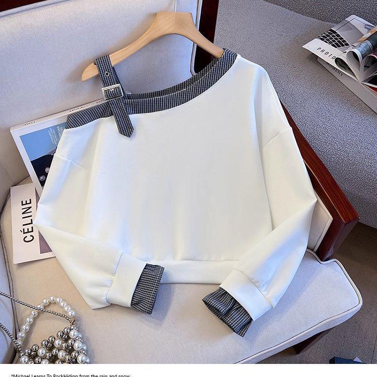2025 Designer Off-Shoulder Slanted Neck Petite Sweatshirt Long-Sleeve Top for Spring & Autumn