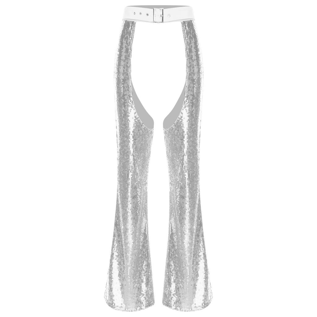 Damskie Halloweenowe Błyszczące Sequiny Koniarskie Chapsy Regulowany Pas Krocze Wycięte W Pełni Podszewka Rozszerzane Spodnie