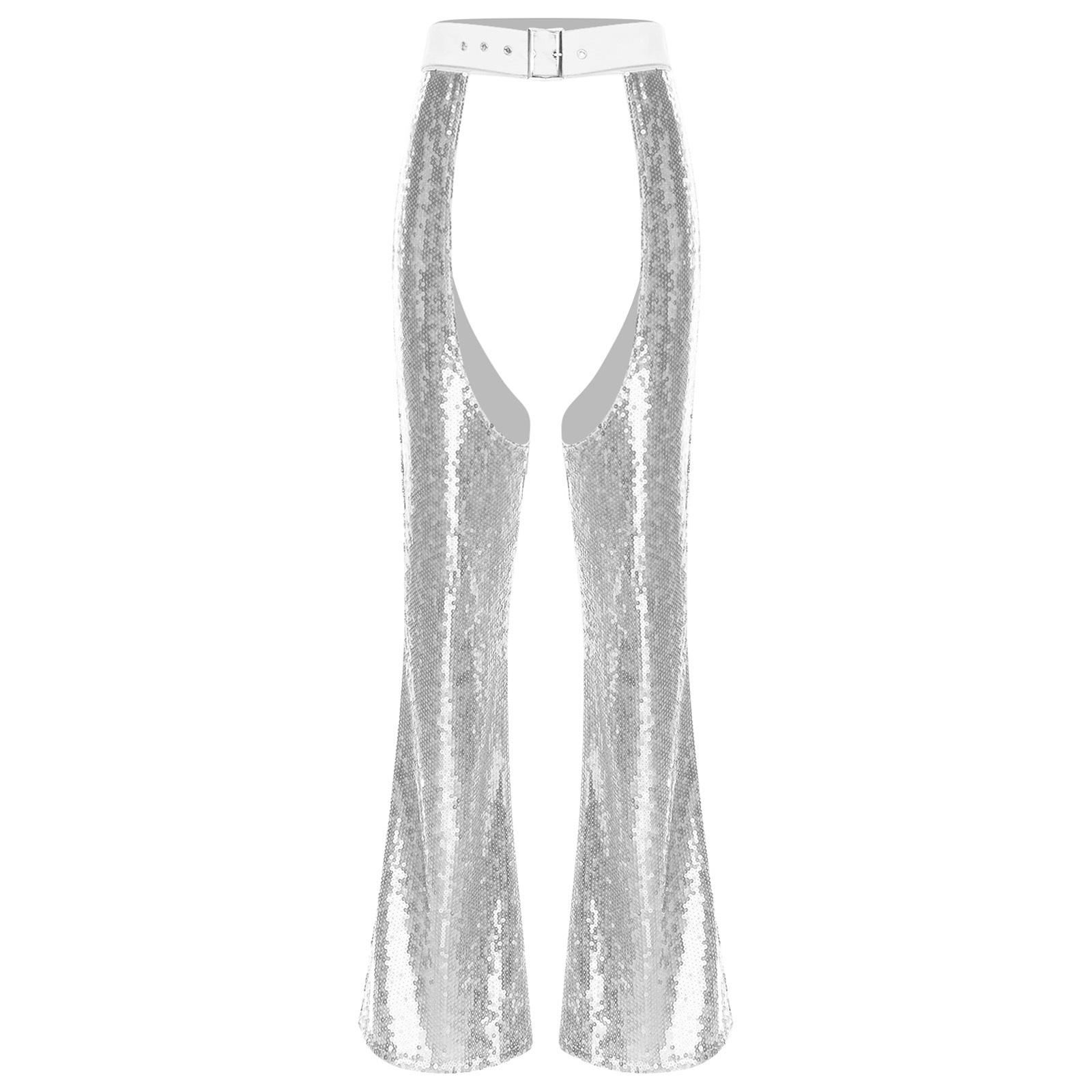 

Womens Halloween Glitter Sequin Cowgirl Chaps Adjustable Waist Crotch Hollow Out Fully Lined Flared Pants S