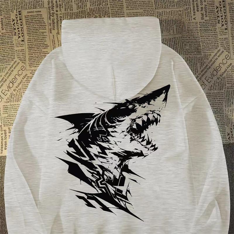 2025 Autumn Gothic Shark Printed Hoodies Men's Hip Hop Fashion Cotton Fleece Hooded Sweatshirts Y2K Streetwear Hoody Clothes