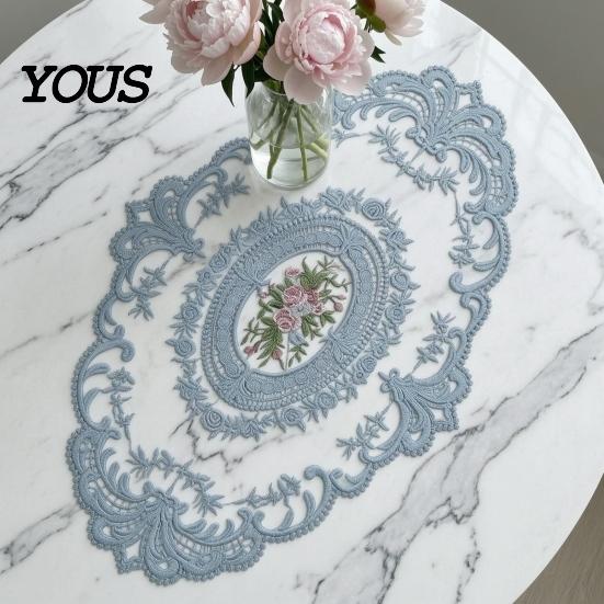 Soft Macaron Color Tableware Retro Oval Lace Doily, Embroidered Rose Placemat, Elegant Floral Table Washable Linens Mat, Decorative Doilies for Dining