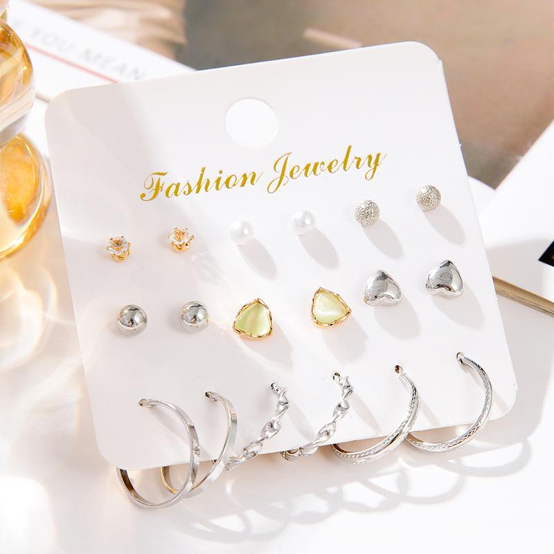 European and American New Temperament Stud Earrings, Geometric Creative Retro Pearl Circle Love 9 Pairs Set