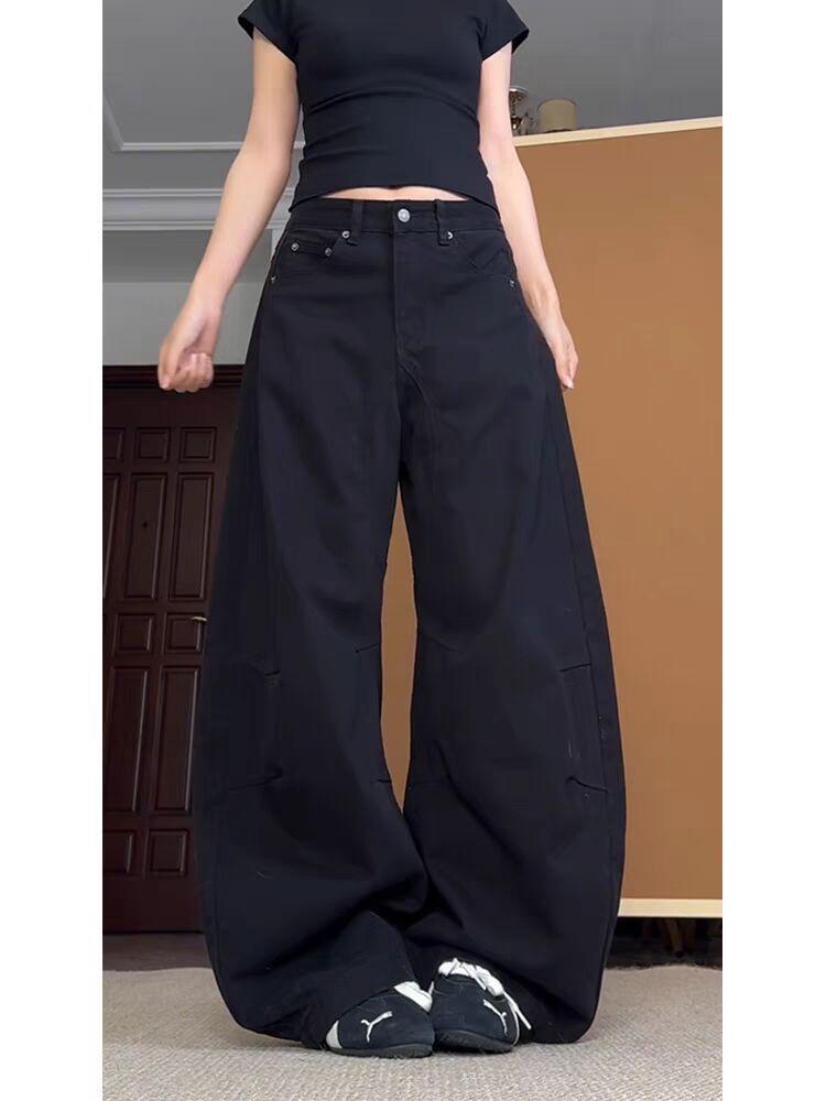 Women's American Retro Scimitar Jeans: Black, Loose Fit, Slimming, High-Street Wide Leg Pants