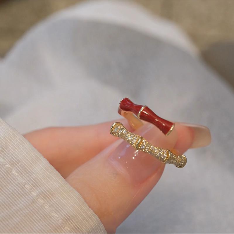 French Red Rhinestone Bamboo Adjustable Ring - Elegant Ancient Style Versatile Index Finger Ring