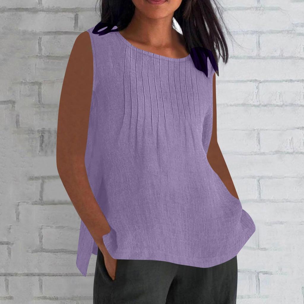 Women's Fashionable And Casual Sleeveless Vest Solid-color Cotton And Linen Pleated Sleeveless Top T-shirt