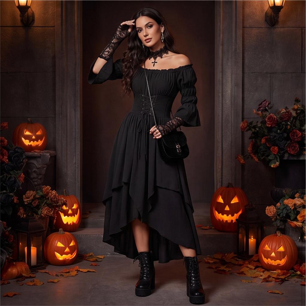 Damska Średniowieczna Renesansowa Gotycka Sukienka Odkrywająca Ramiona Korsetowa Talia Długi Rękaw Rozszerzany Rękaw Warstwowy Dół Styl Vintage Kostium Sukienka na Halloween