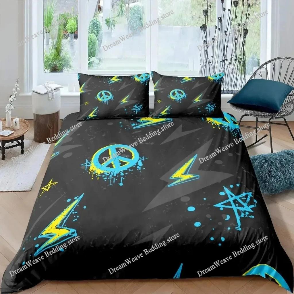 Peace Symbol Duvet Cover Set for Kids Boys Girls,Happiness World Bedding Set Queen Size,Green Brown Red Soft Bedroom Decor741