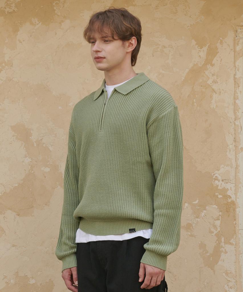 ESN Punched Collar Neck Half-Zip Knit Olive