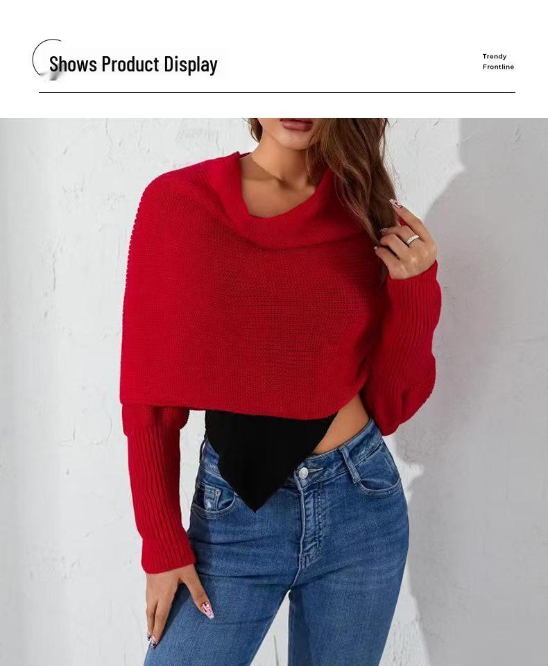 European & American Double Sleeve Off-the-Shoulder V-Neck Knit Scarf for Women