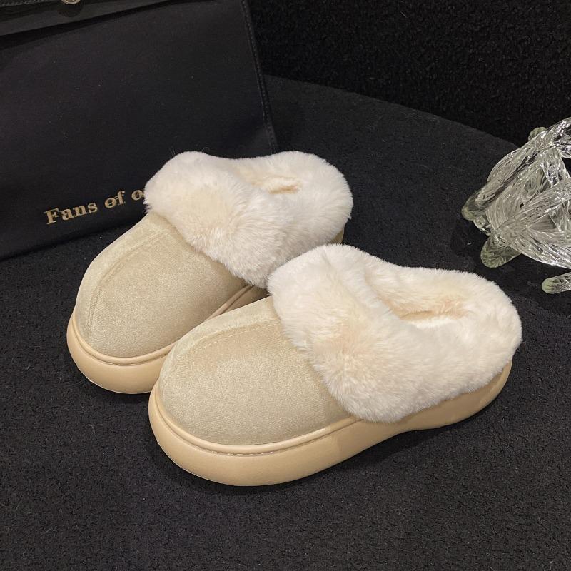 Simple Solid Color Bag Head Fluffy Slippers Women's Autumn and Winter New Outer Wear Thick Bottom Heightening Warm Home Cotton Slippers