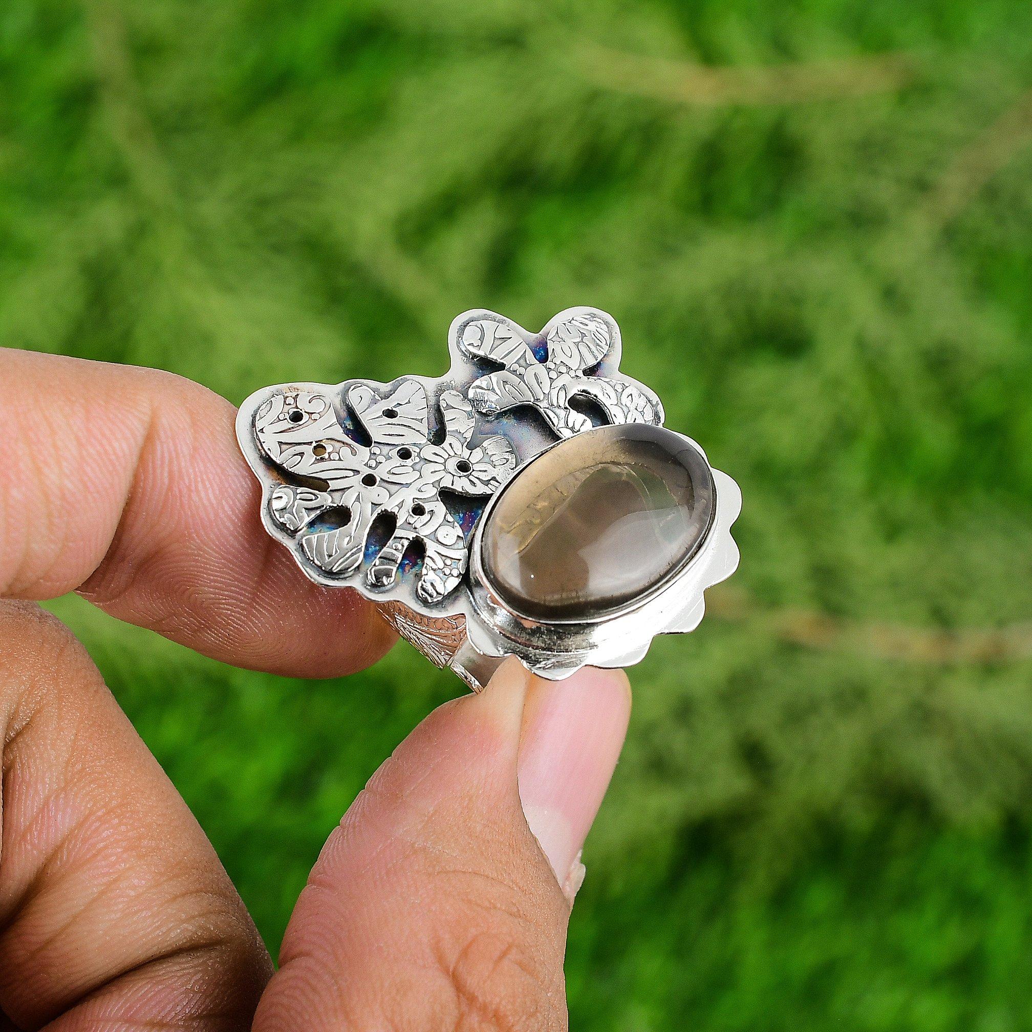 

Natural Smoky Quartz Gemstone 925 Silver Promise Adjustable Ring For Girls Adjustable