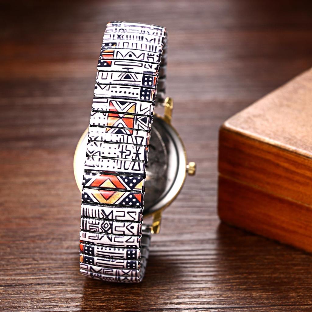 Bohemian Watch with Elastic Strap and Arabic One Size Fits Floral Waterproof Quartz Watch with Stretchable Stainless Steel Analog Colorful Ethnic