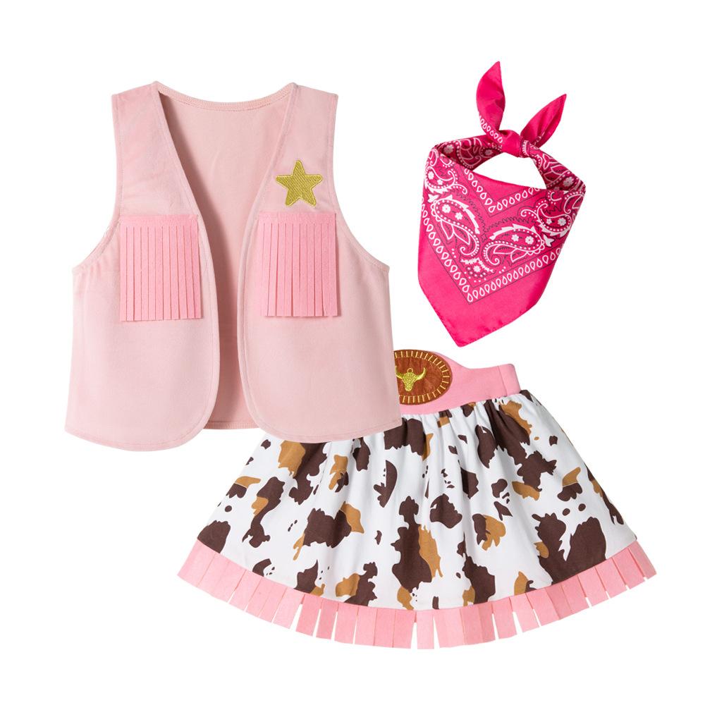 4 Piece Girls Pink Western Costume Set Vest Skirt Outfit for Holiday Role Play 80
