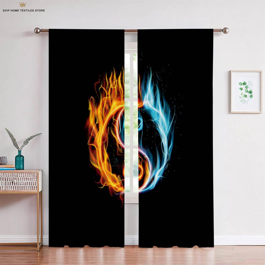 Creative Printed Curtains for Bedroom, 2-Piece Set of Water, Fire, Tai Chi and Two-Pole, Living Room and Kitchen Decorations
