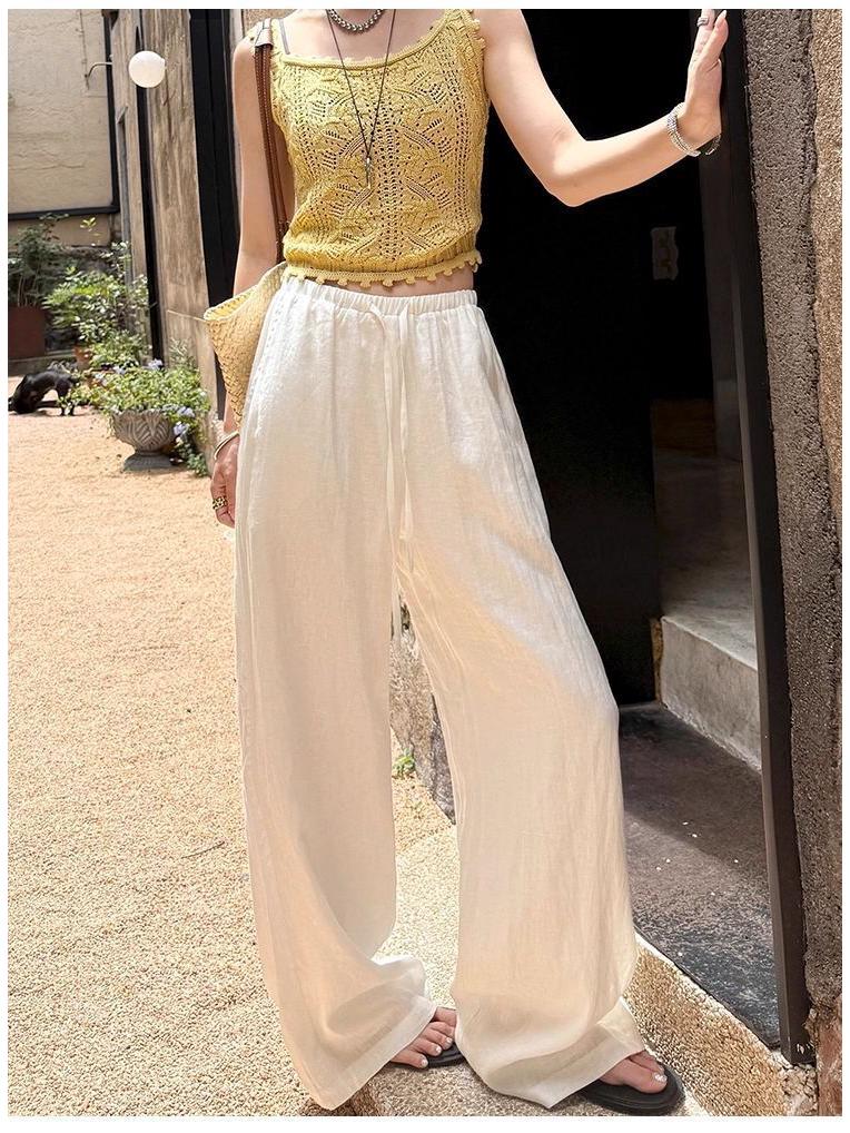Women's Summer White Wide-Leg High-Waisted Linen-Style Loose Pants