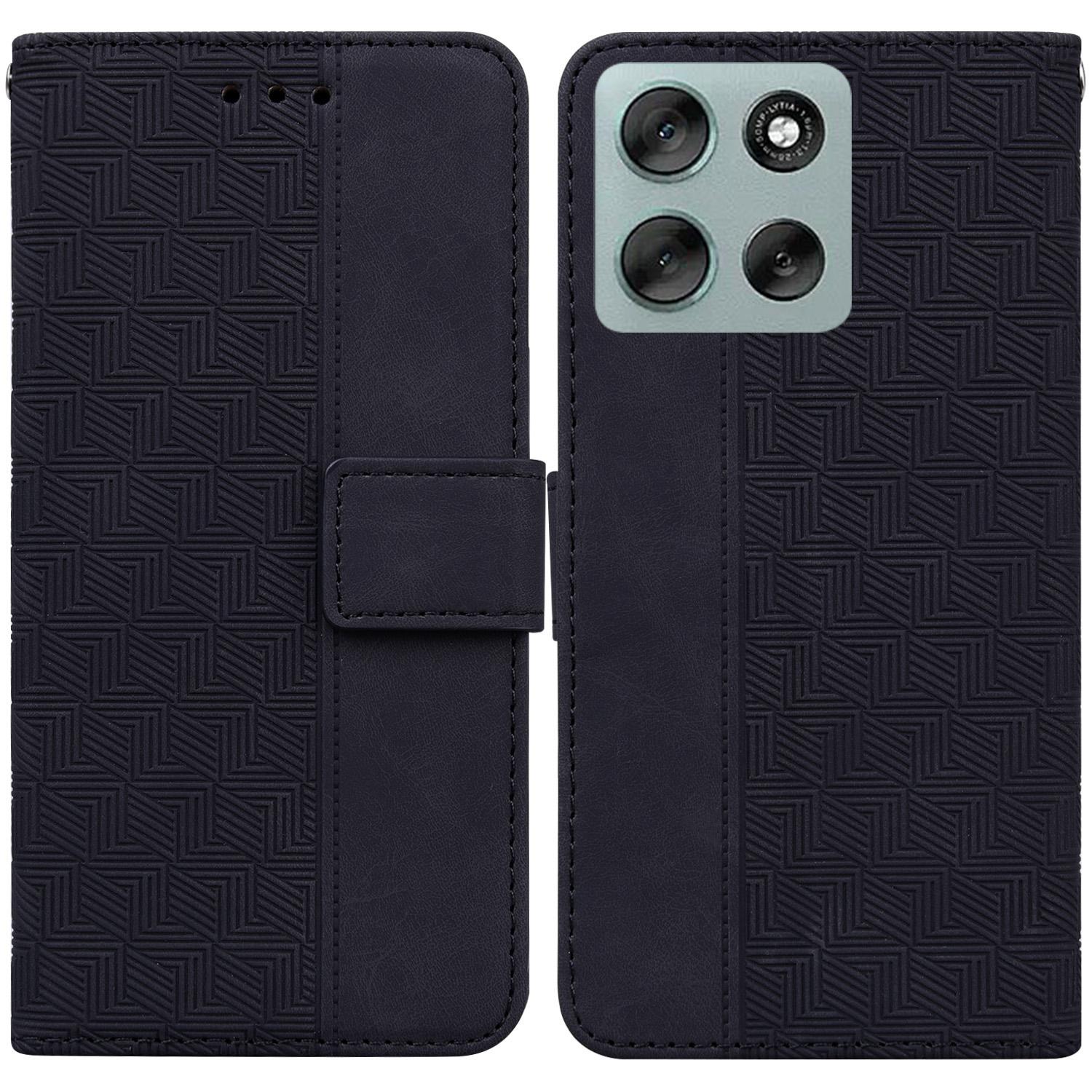 

Чехол для Motorola Moto G56 5G с геометрическим узором, кожаный кошелек, чехол для телефона с ремешком на запястье Black