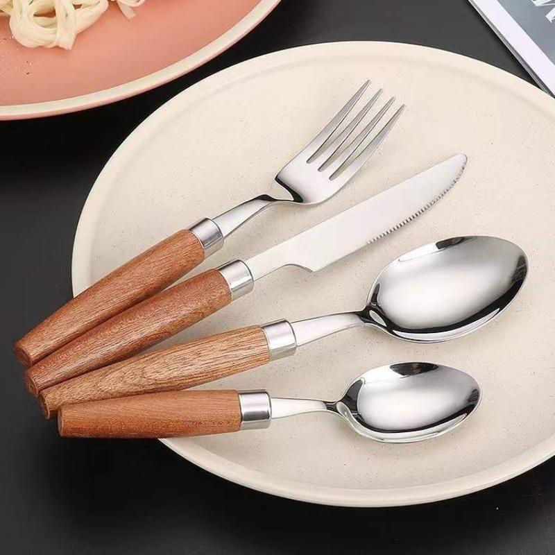 Four-piece Set of 304 Stainless Steel Knives Forks and Spoons with Limu Handles and Titanium-plated Metal Tableware