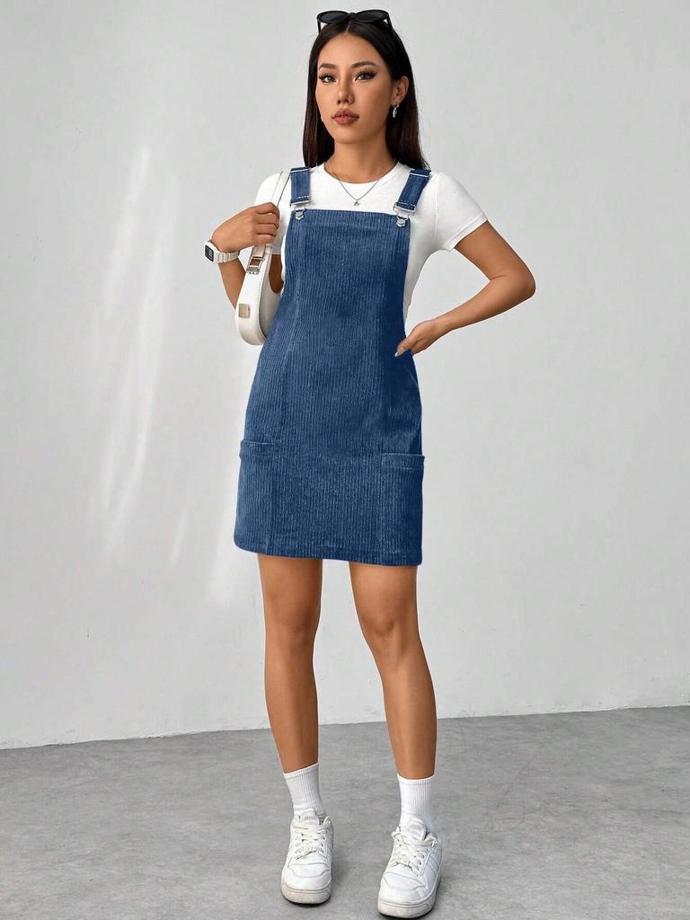 2026 European Spring Corduroy Sleeveless Strap Dress - Solid Color