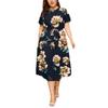 Women's Plus Size Printed Midi Dress - Round Neck, Short Sleeve, Waist-Cinched, European American Style