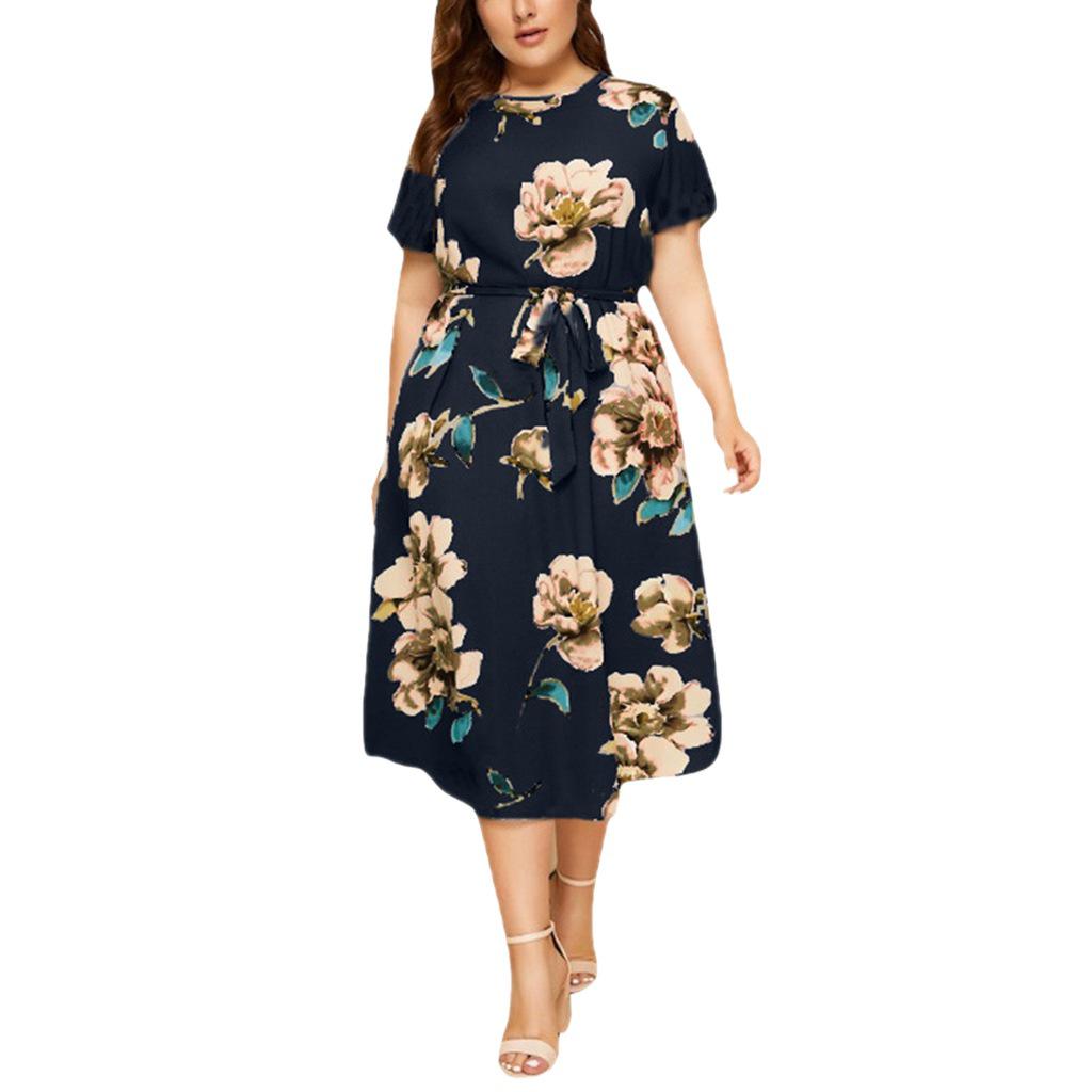 Women's Plus Size Printed Midi Dress - Round Neck, Short Sleeve, Waist-Cinched, European American Style