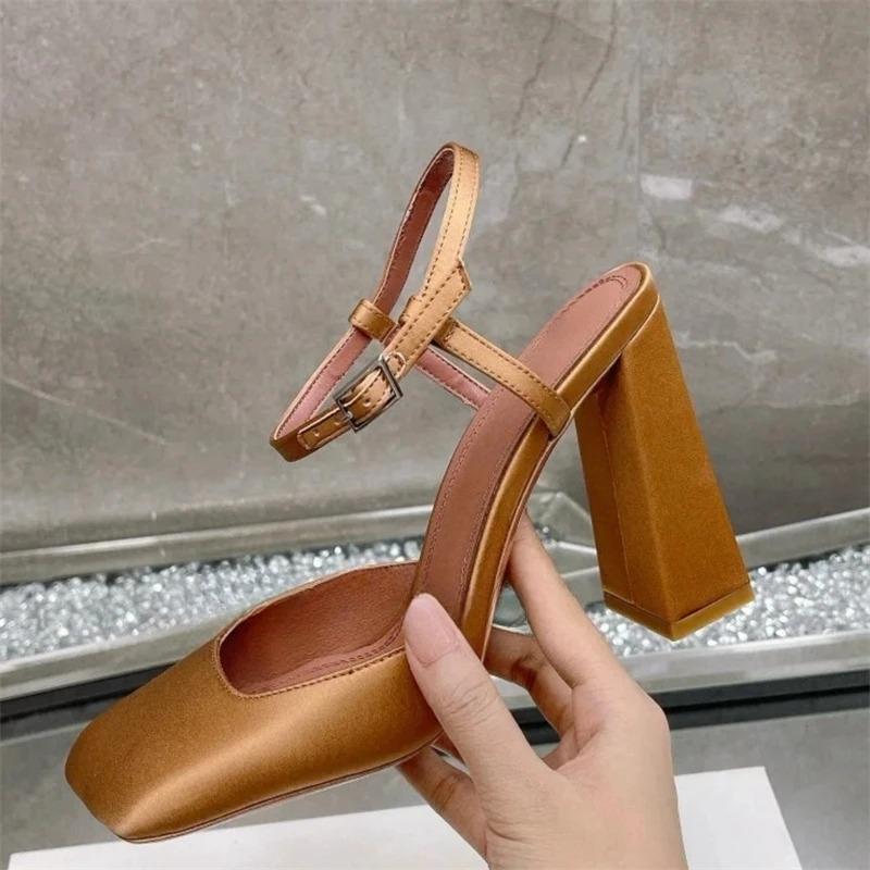 Fashion Minimalist Square Head Rhinestone Mary Jane Sandals 2024 Summer New Girls Candy Banquet Party Fashion High Heels Shoes size 43
