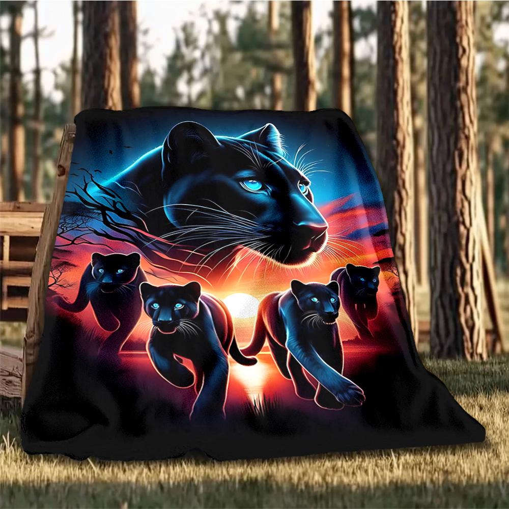 1pc Panther Family Throw Blanket Polyester Fiber, Lightweight Flannel, Soft & Warm, All Season Use for Outdoor, Camping