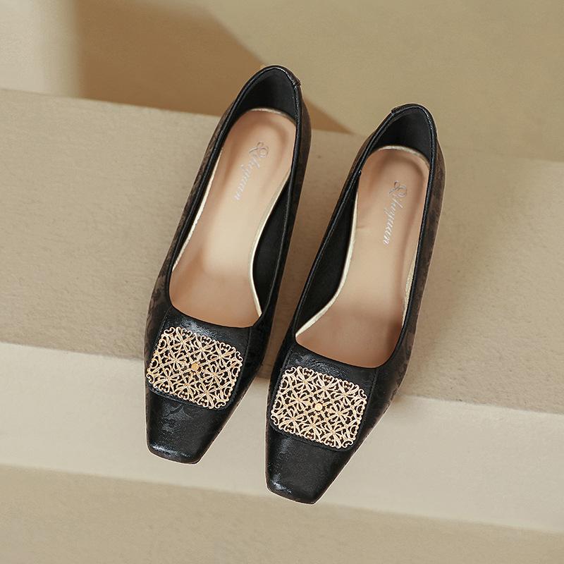 Not tired feet high heels thick heel 2025 new Huizhou women's shoes spring and autumn French square head women's shoes with heel single shoes