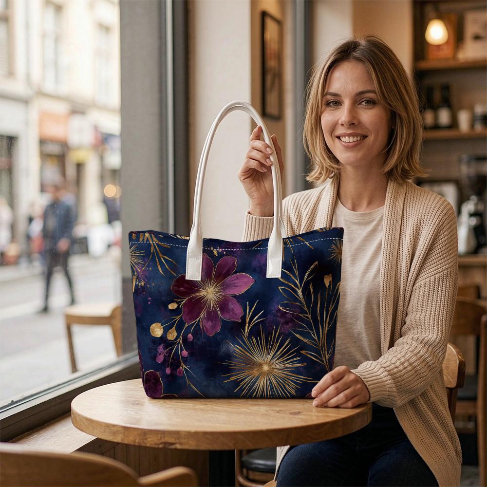 Elegant Purple Floral Pattern Casual Tote Bag for Daily Use