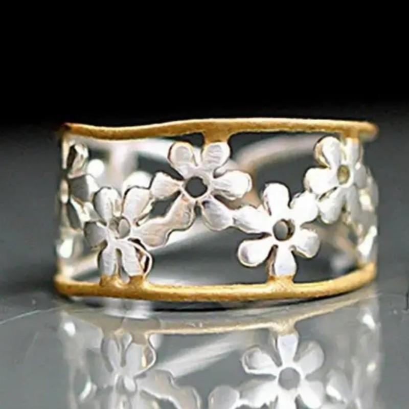 Ethnic Hand Carved Flower Women's Ring Two Color Metal Hollow Geometry Daily Wear Party Jewelry Anniversary Gift