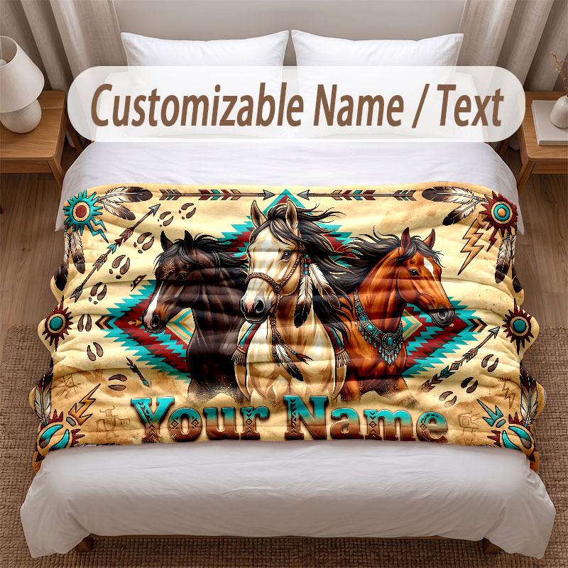 Horse Theme Soft Blanket Personalized Custom Name Text Print Warm Blanket Home Sofa Bedroom Decor
